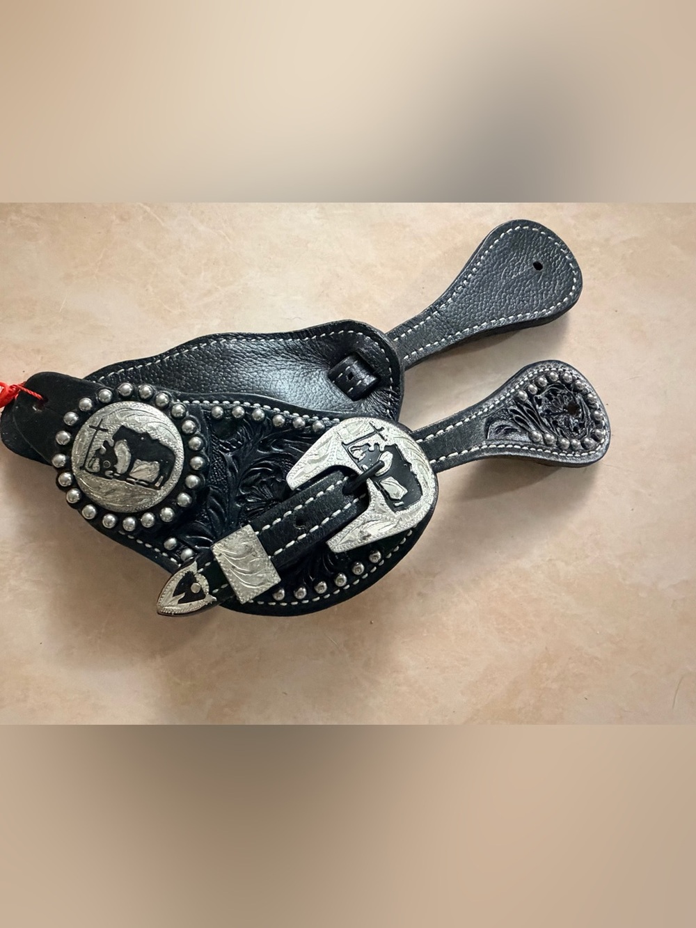 Black tooled leather western spur straps decorative Praying Cowboy design